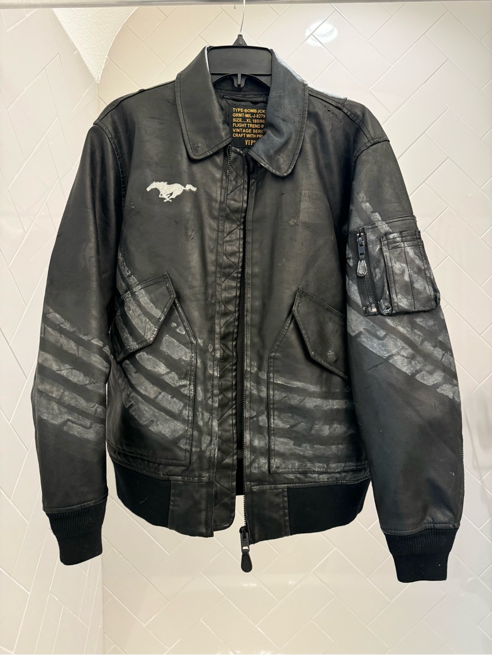 Men's Faux Leather Mustang Themed Black Bomber Jacket